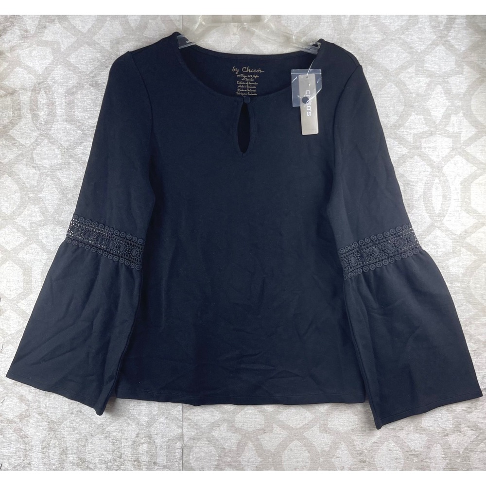 Chico's Fashion Knit Women Size 0 Small Black NWT Lace Bell Sleeve Ponte Top